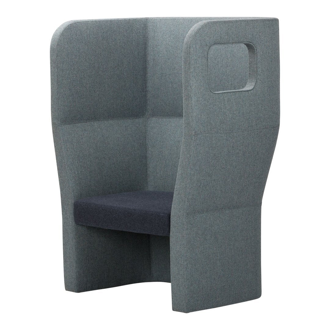 Gray upholstered chair with a minimalist design and contrasting dark gray seat cushion.
