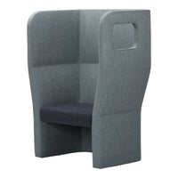 Gray upholstered chair with a minimalist design and contrasting dark gray seat cushion.