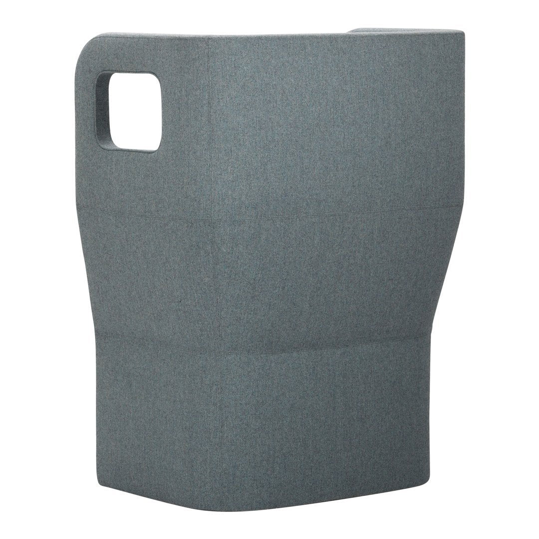 Gray geometric storage container with a textured finish and rounded handle for easy carrying.