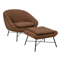 Brown upholstered chair and ottoman with a textured pattern and black metal legs. Perfect for modern decor.
