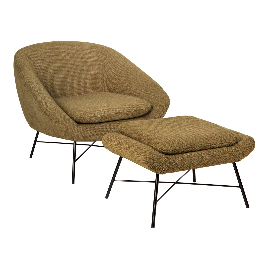 Olive green accent chair and ottoman with a textured fabric and black metal legs. Ideal for modern living spaces.