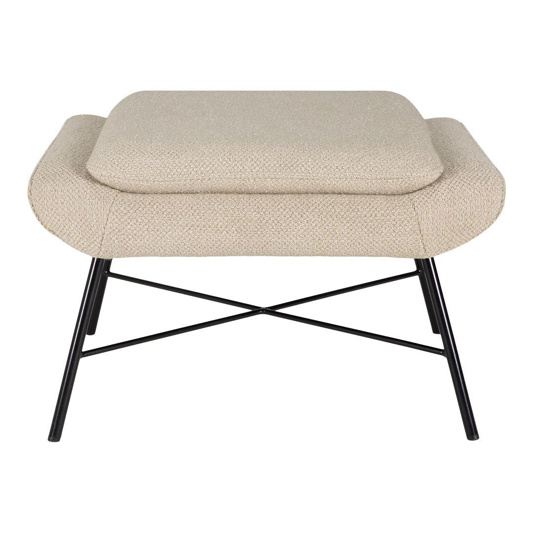 Beige upholstered ottoman with textured pattern and sleek black metal legs. Stylish and modern accent piece.