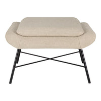 Beige upholstered ottoman with textured pattern and sleek black metal legs. Stylish and modern accent piece.