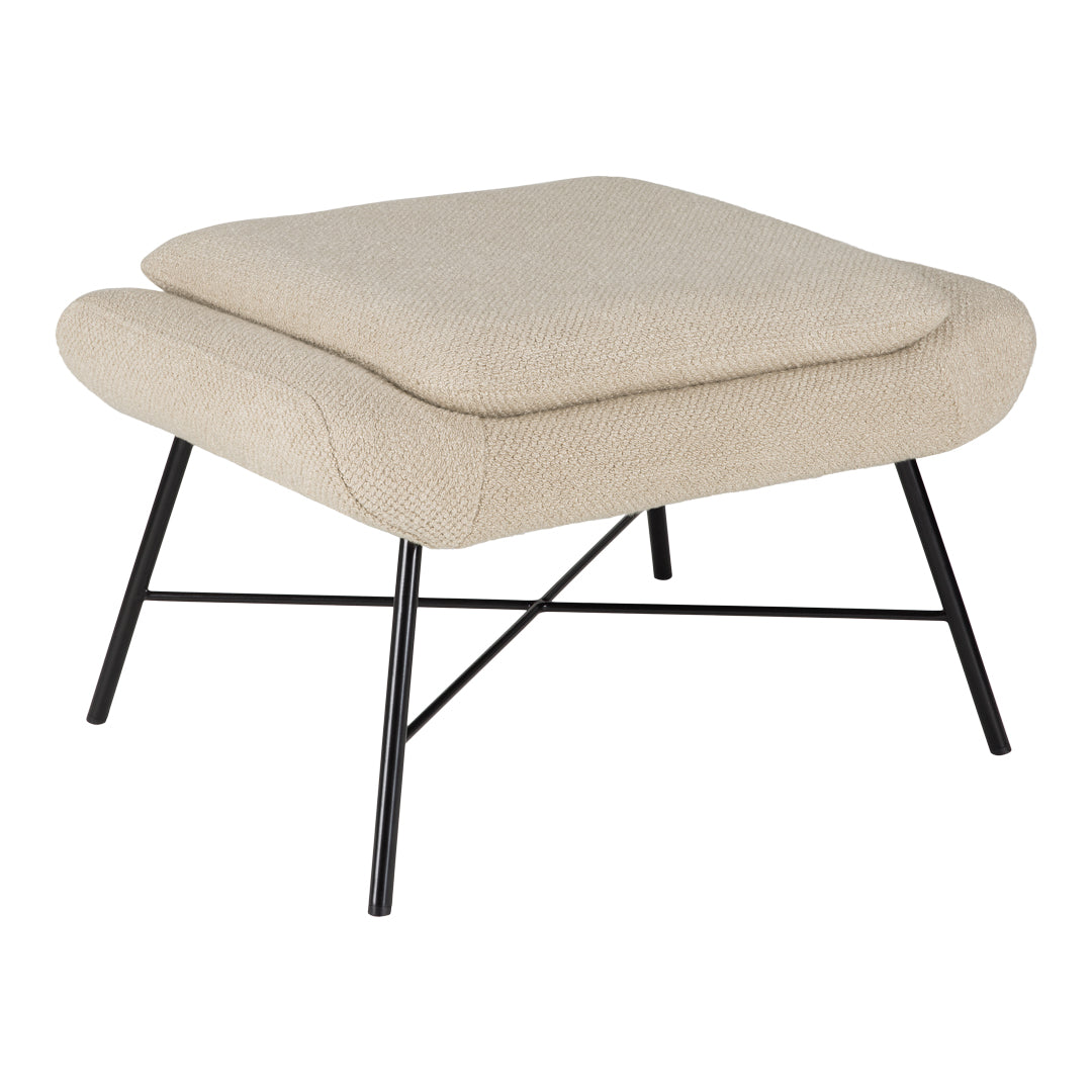 Beige upholstered ottoman with a minimalist design and sleek black metal legs, perfect for modern decor.