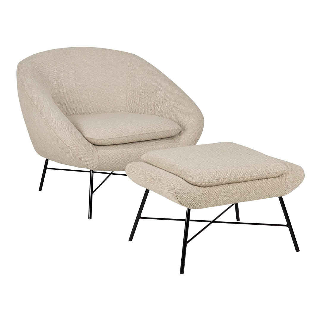 Beige lounge chair and ottoman set with soft, textured fabric and sleek black metal legs. Modern design, versatile style.