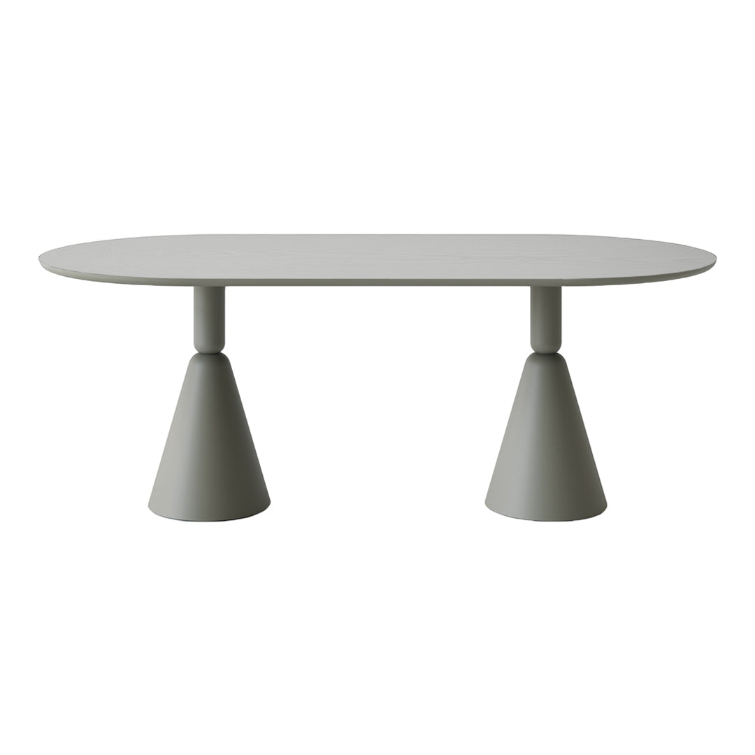 Stylish oval gray table with unique cone-shaped legs, perfect for modern decor.