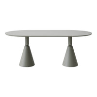 Stylish oval gray table with unique cone-shaped legs, perfect for modern decor.