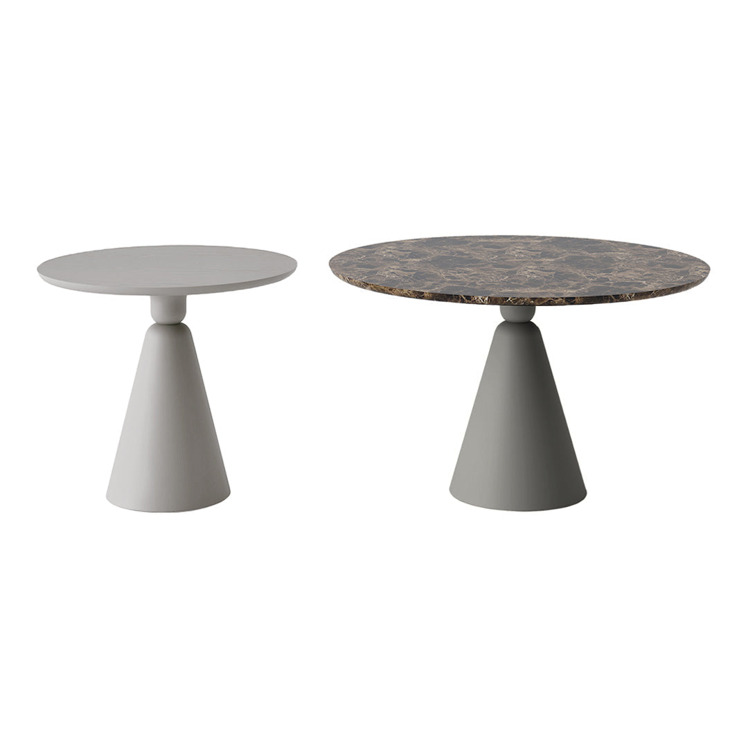 Set of two modern tables featuring a smooth gray base and a round patterned top in earthy tones.