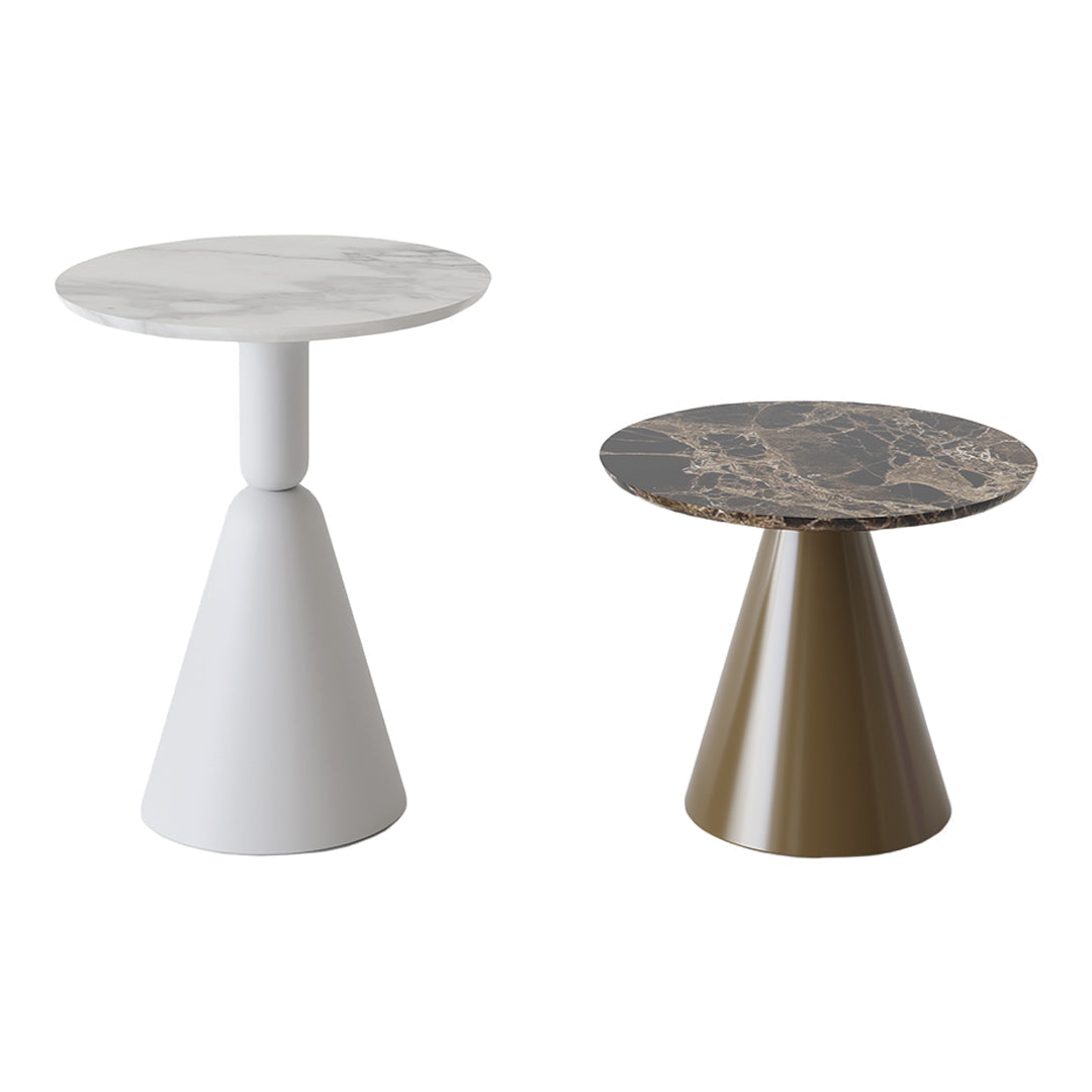 Two decorative tables: one with a white marble top and one with a brown marble top, featuring sleek cone bases.