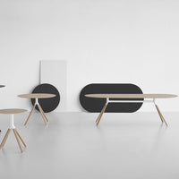 Modern tables featuring a sleek black and beige color palette with minimalist design and natural wood accents.