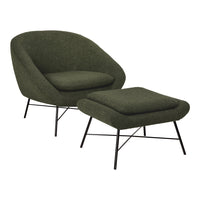 Green upholstered chair and matching ottoman with textured fabric and black metal legs, stylish modern home decor.