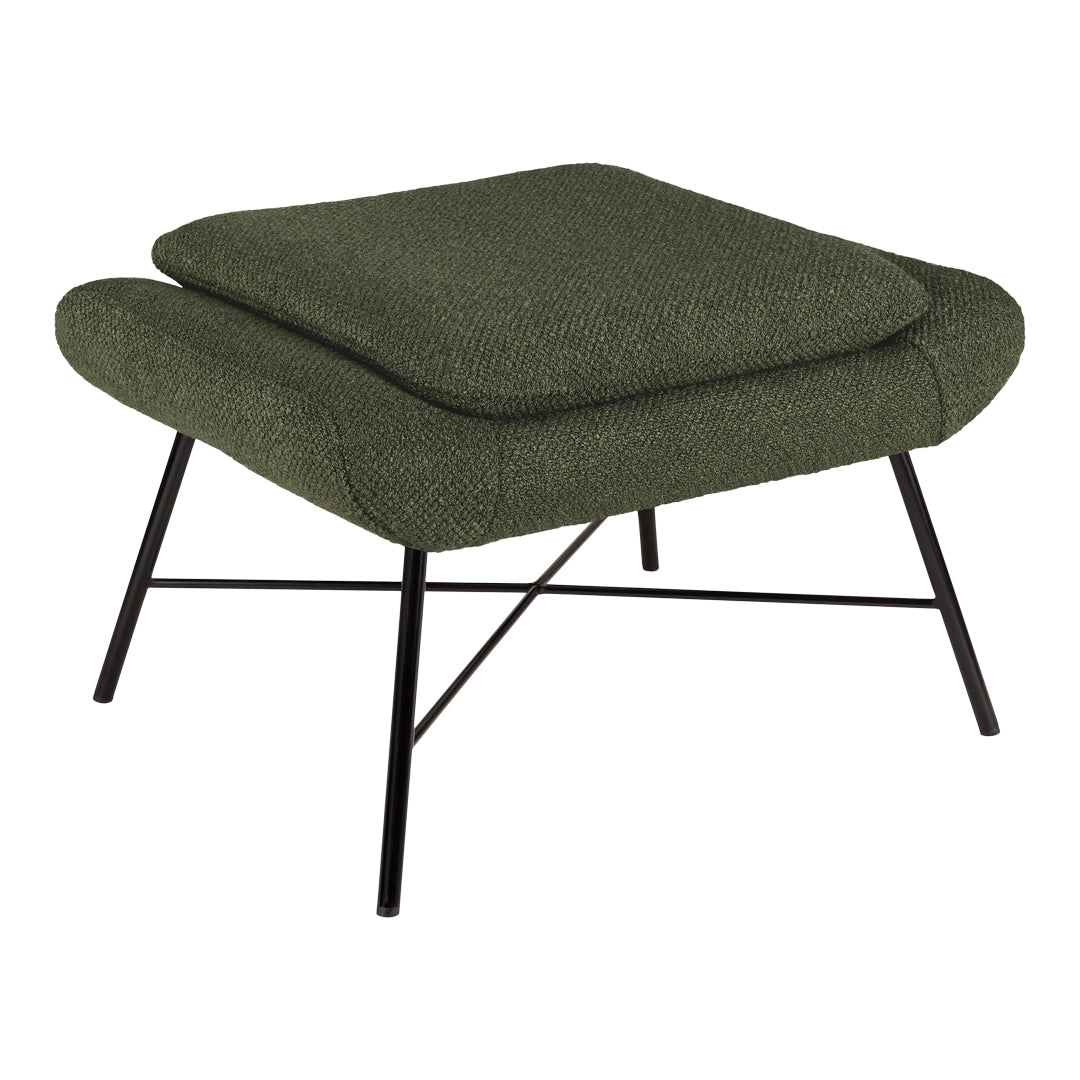 Green textured ottoman with a stylish black metal frame, featuring a cozy, layered cushion design.