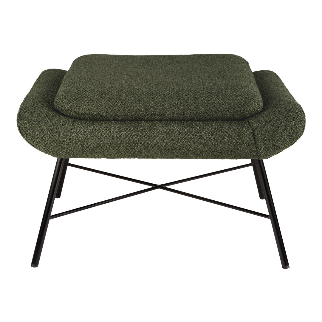 Green textured ottoman with a soft, woven pattern and sleek black metal legs, perfect for modern decor.