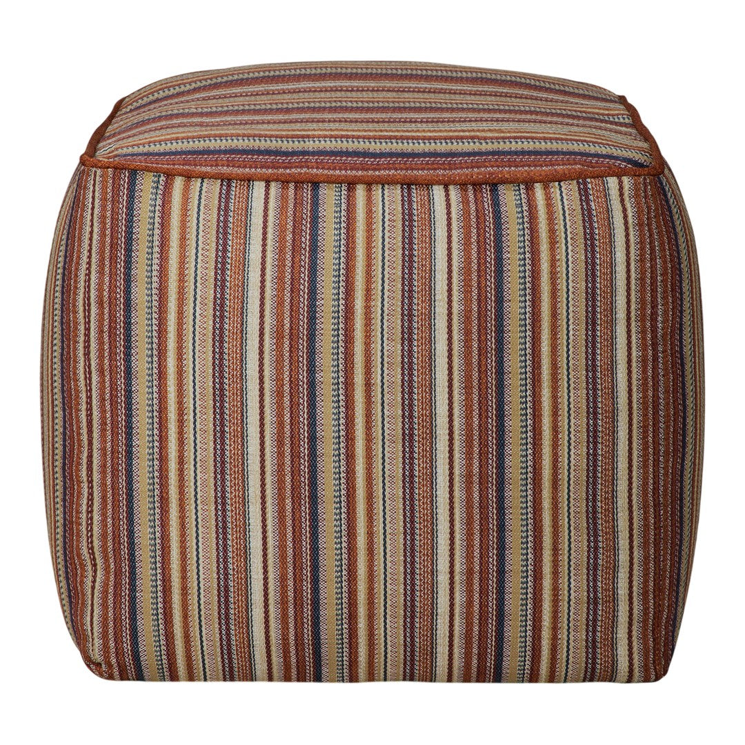 Striped pouf featuring warm tones of orange, red, cream, and blue in a vibrant, eye-catching pattern.