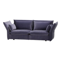 Purple velvet sofa with bold geometric cushions and a modern, sleek design. Perfect for contemporary decor.
