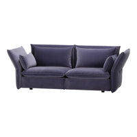 Stylish two-tone navy blue sofa with a textured fabric and plush cushions, featuring modern, playful lines.