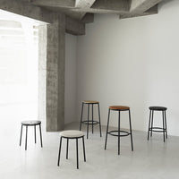 Set of modern bar stools featuring wood tops in brown, beige, and black, with sleek black metal legs in an industrial setting.