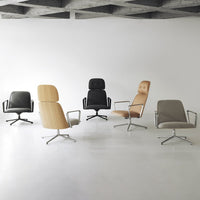 Modern ergonomic chairs in black, tan, gray, and light wood, featuring sleek designs and minimalist patterns.