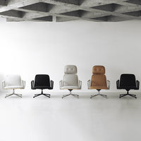 Modern office chairs in white, light gray, tan, and black against a minimalistic white background.