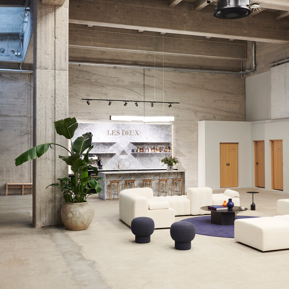 Modern interior with neutral tones, white sofas, dark blue cushions, and a purple rug against a concrete backdrop.