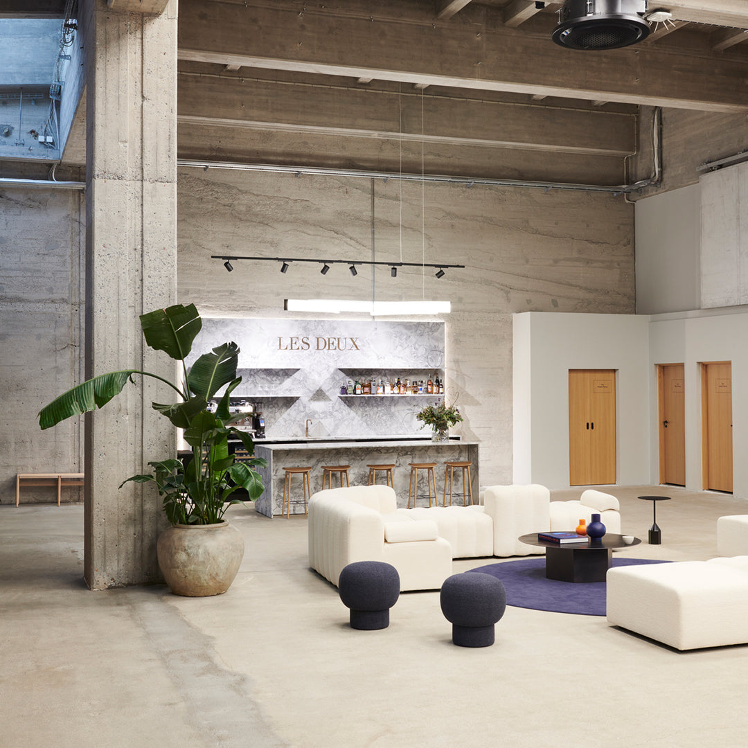 Modern interior with gray concrete walls, white sofas, dark blue accents, and lush green plants, creating a chic ambiance.