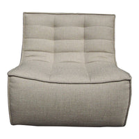 Light gray fabric chair with a tufted design, featuring a smooth texture and rounded edges for modern decor.