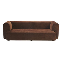 Brown upholstered sofa with a sleek, minimalist design and soft, textured fabric for a modern aesthetic.