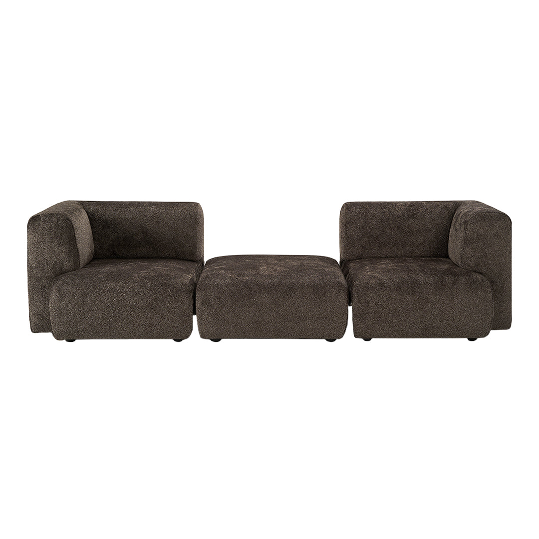 Stylish modular sofa in soft brown fabric with a smooth, textured finish, perfect for modern interiors.