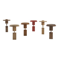 Set of wooden side tables featuring natural wood tones and a bold red pattern, modern design with geometric shapes.