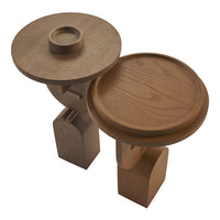 Light brown wooden stool set with smooth, circular tops and geometric base design. Perfect for modern decor.