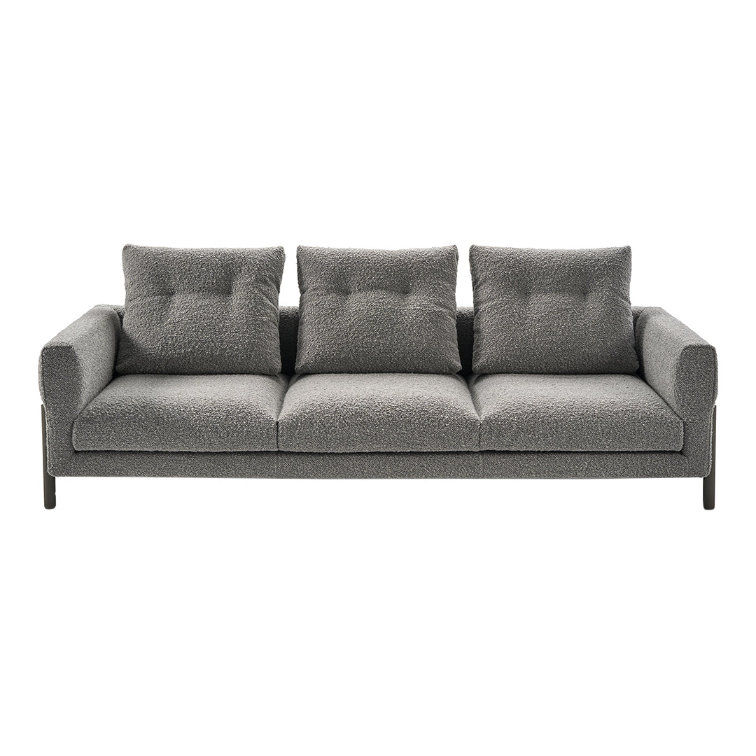 Gray three-seater sofa with plush cushions and a clean, modern design, featuring subtle texture for added depth.