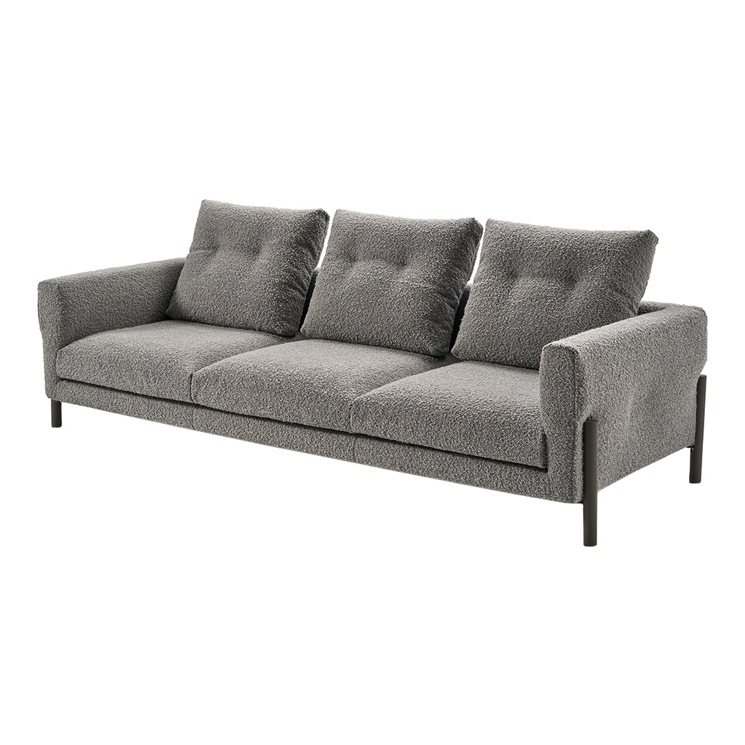 Gray upholstered sofa with textured fabric and button-tufted design, featuring sleek black legs. Perfect for modern decor.