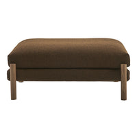 Brown upholstered ottoman with a textured fabric and wooden legs, offering a modern and minimalist design.