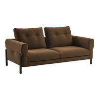 Brown fabric sofa with a smooth texture and tufted cushions, perfect for modern interiors.