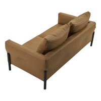 Brown upholstered sofa with two back cushions and sleek black legs, perfect for modern decor.