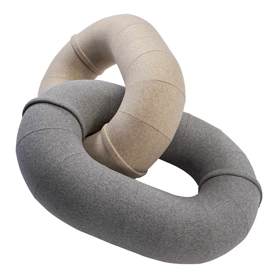 Beige and gray interlocking fabric loops with a smooth, modern design. Perfect for stylish home decor.