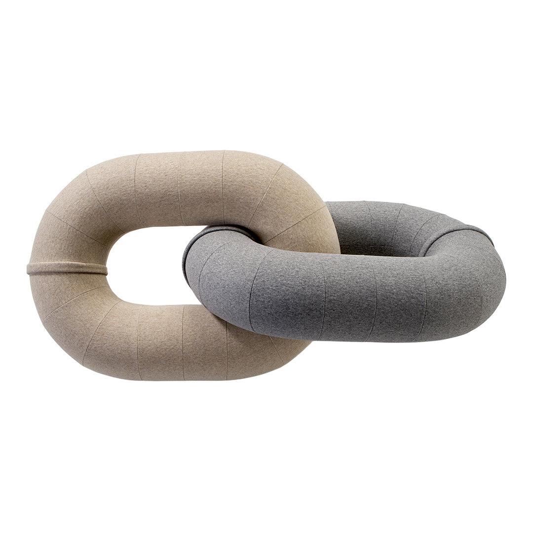 Beige and gray decorative chain links with smooth fabric texture, featuring a modern minimalist design.