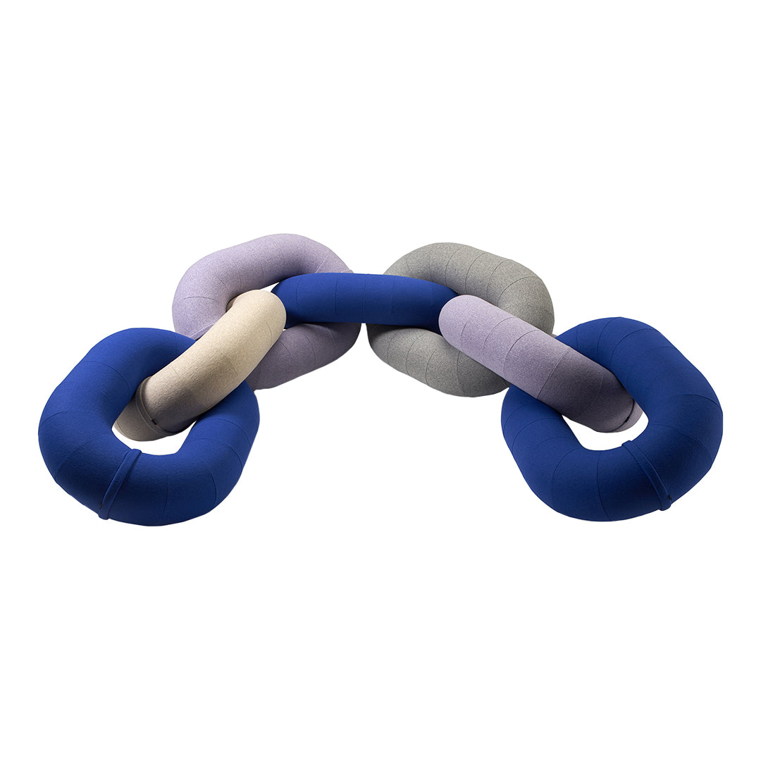Colorful plush chain toy featuring blue, lavender, gray, and beige links in a soft, textured design.
