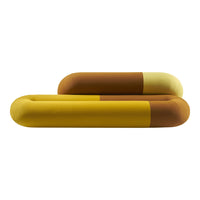 Two abstract cushions in earthy tones of yellow, brown, and cream with smooth, rounded shapes and unique patterns.
