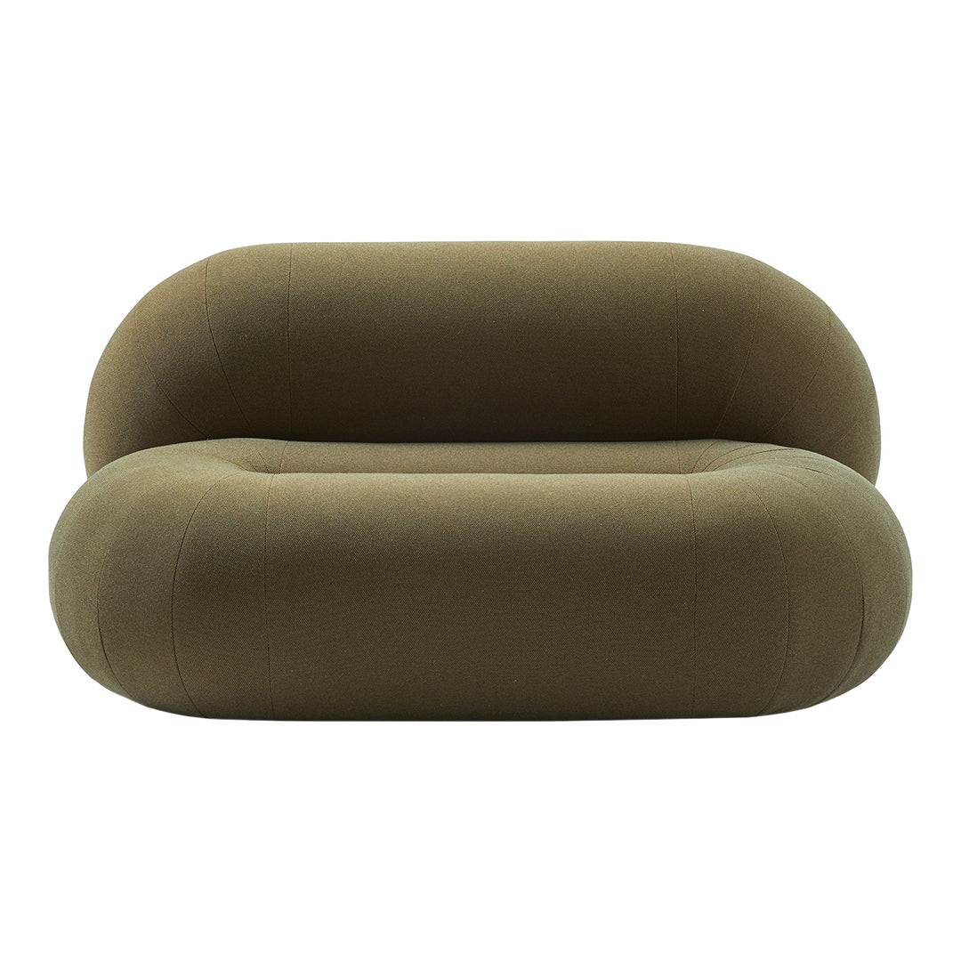 Olive green, smooth, rounded couch with subtle texture and minimalist design. Ideal for modern living spaces.