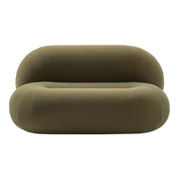 Olive green, smooth, rounded couch with subtle texture and minimalist design. Ideal for modern living spaces.