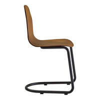 Side view of a modern chair with a warm wood finish and sleek black metal base design.