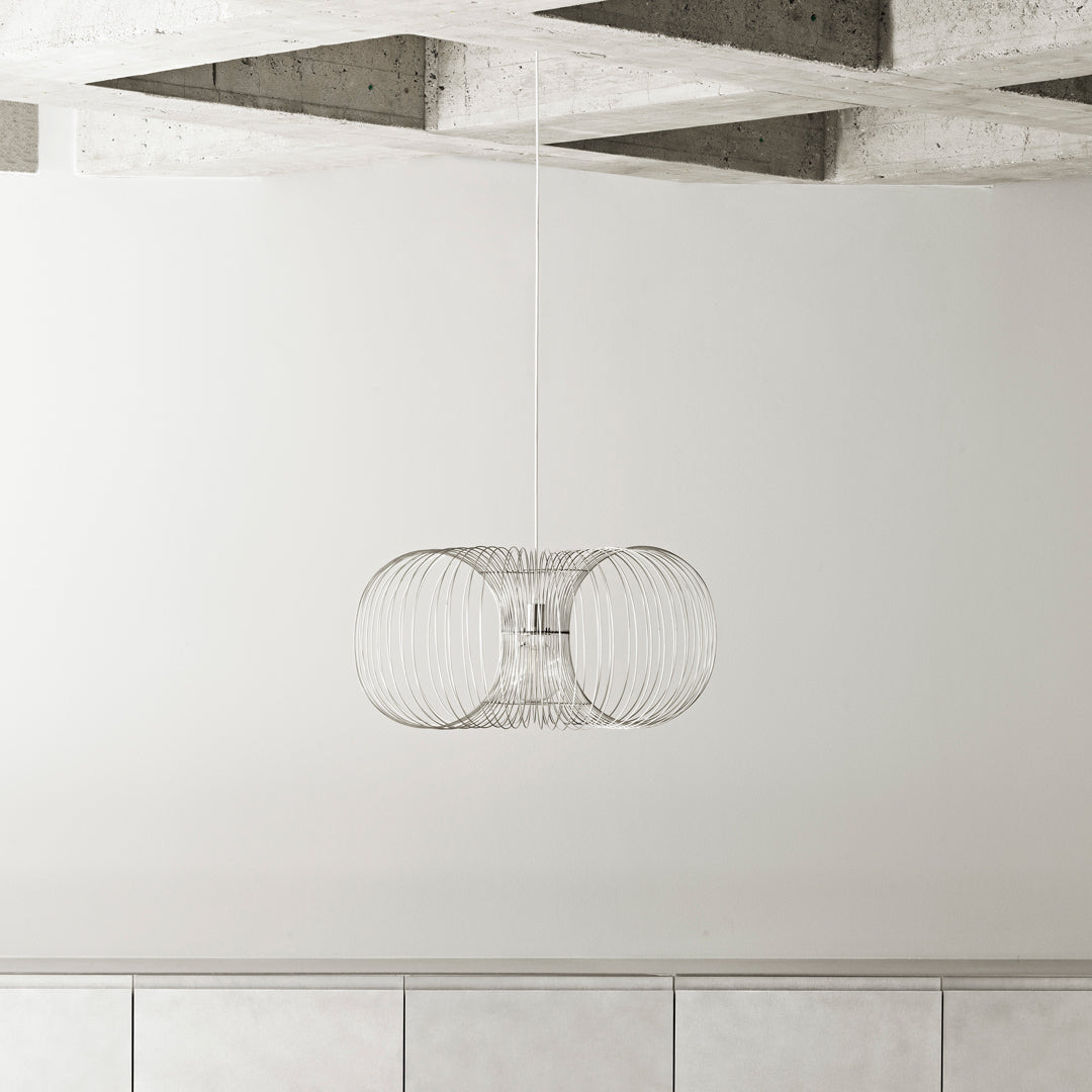 "Modern pendant light with a transparent wire mesh design, featuring a sleek, minimalist look."