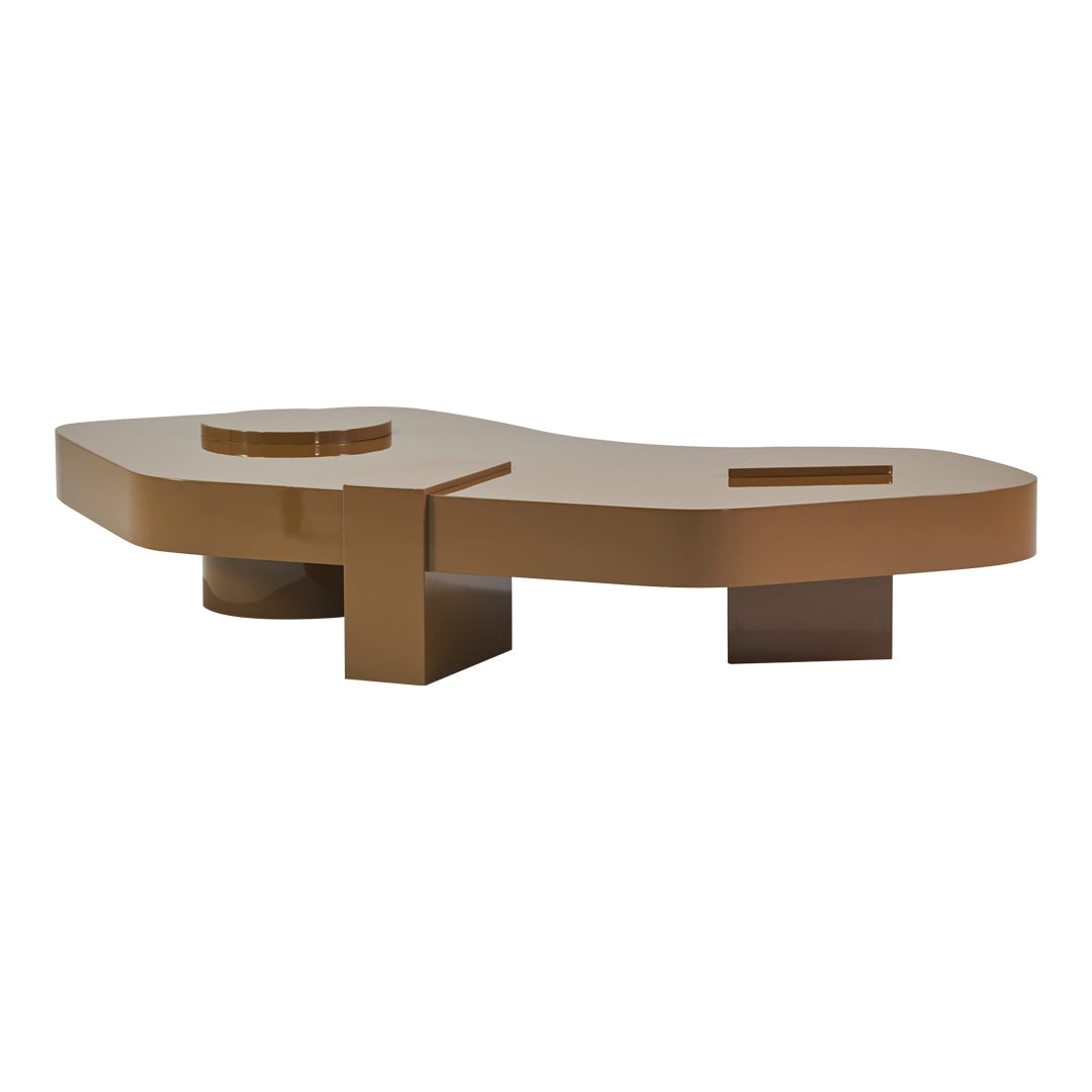Abstract brown coffee table with smooth contours and a minimalist design, featuring a circular indent and cutout.