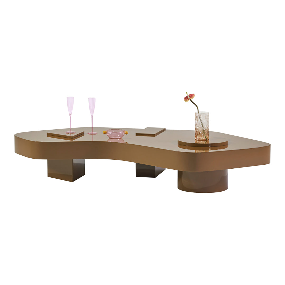 Stylish brown coffee table with a modern organic shape, featuring smooth surfaces and a minimalistic design.