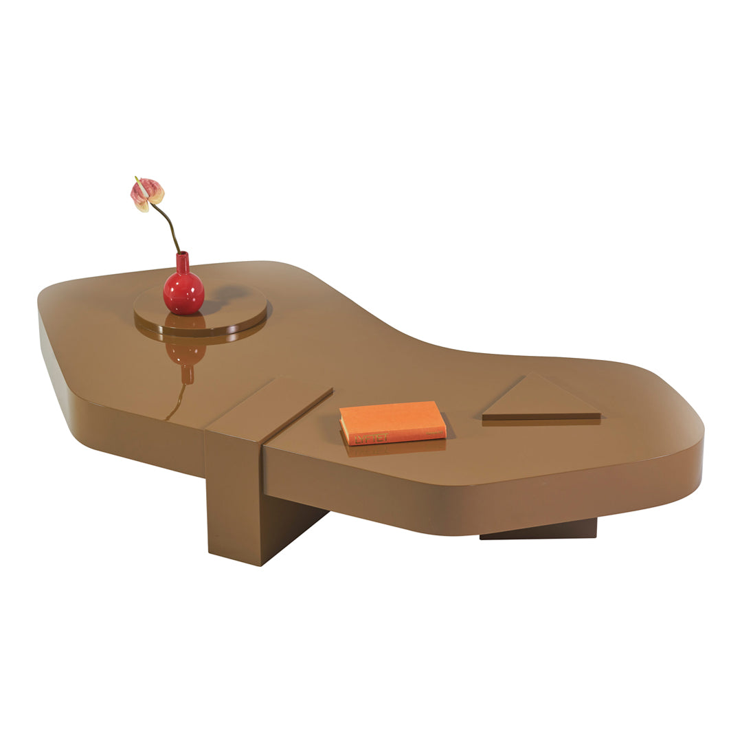 Modern brown curved coffee table with glossy finish, featuring smooth lines and minimalist design.