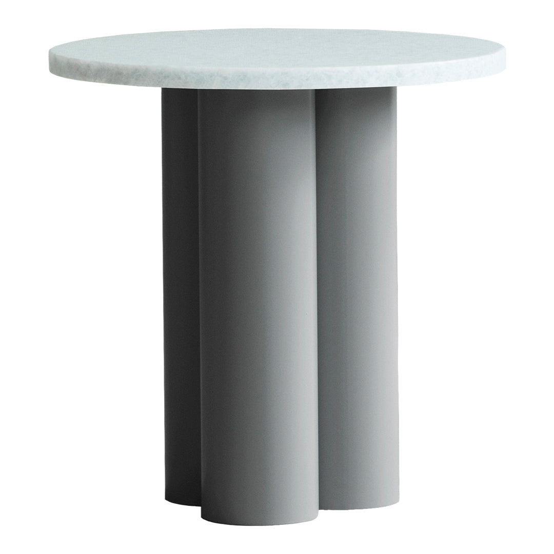 Round table with a light gray top and three smooth, cylindrical gray legs, featuring a modern minimalist design.