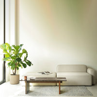 Soft beige sofa with a textured light gray rug and a green leafy plant, set against a pale, neutral backdrop.