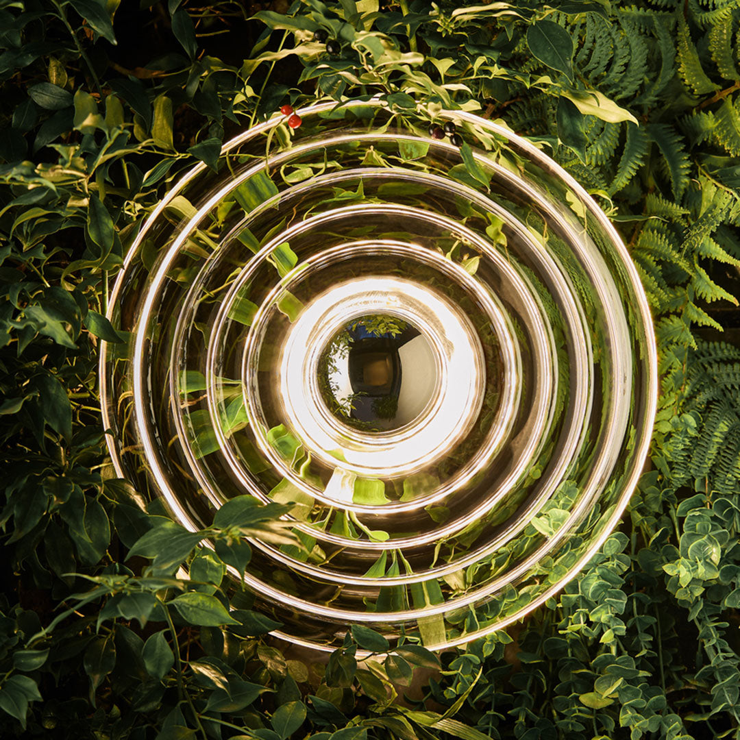 Golden spiral pattern surrounded by vibrant green foliage. Modern design accentuated by nature's hues.