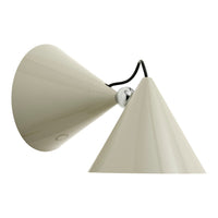 Beige cone-shaped lampshade with a glossy finish, featuring a sleek black cord and chrome accents.